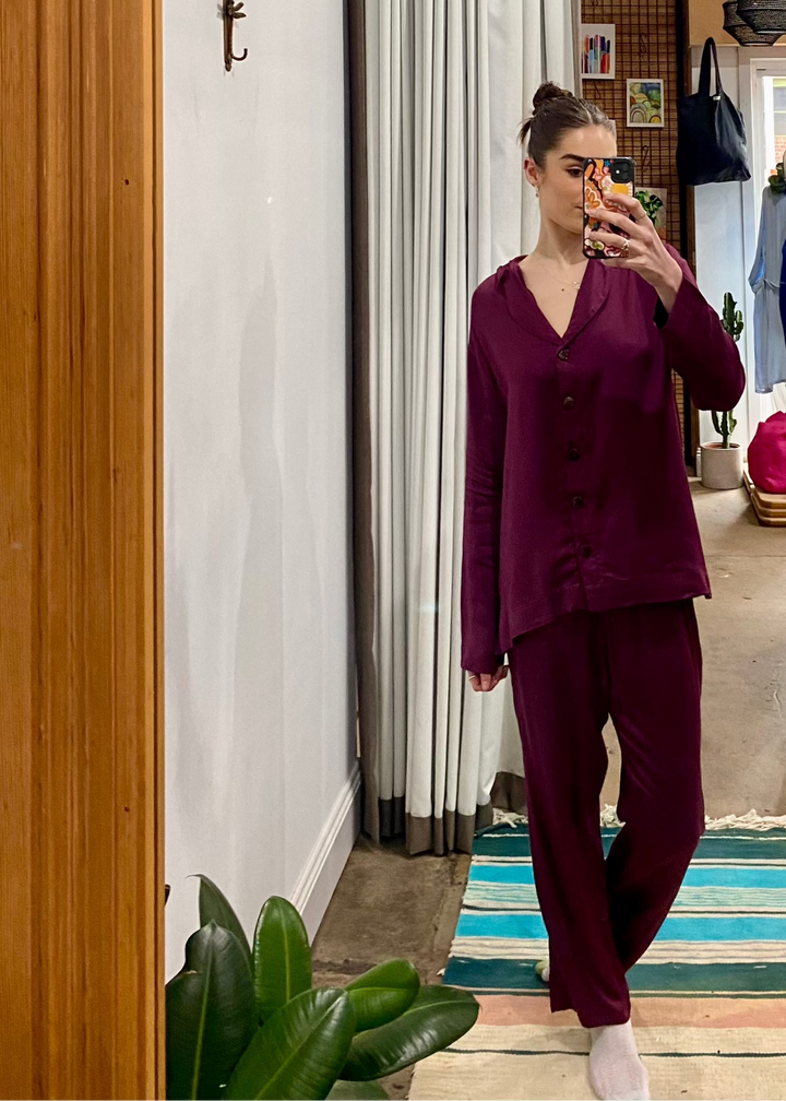 bamboo pyjama set with long button up top and pants at jade and may