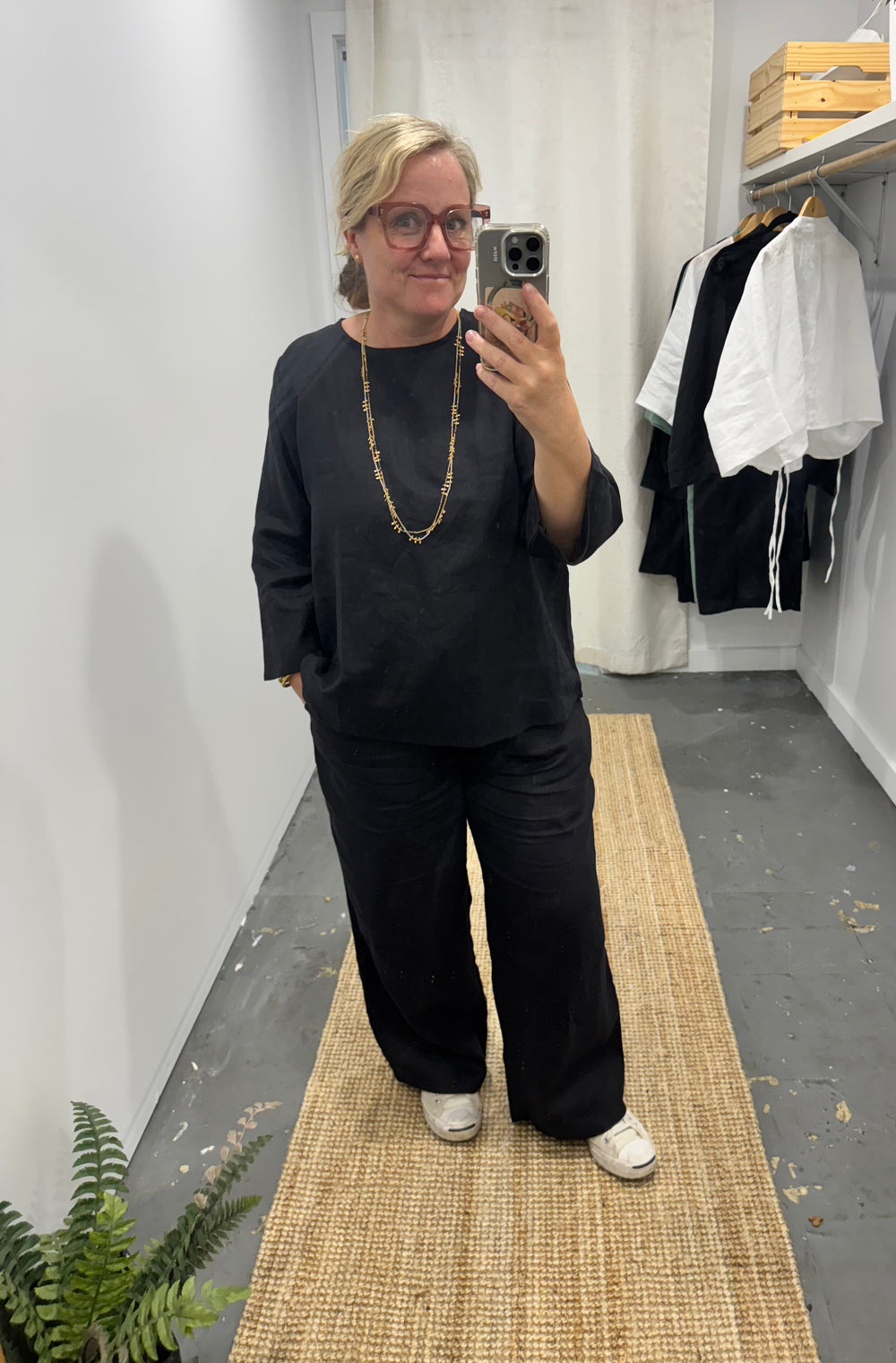 black wide leg linen pant and black linen long sleeve stop at jade and may