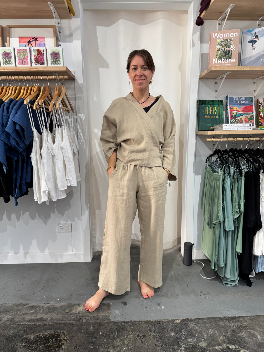 linen set at jade and may. latte linen pant and wrap shirt for everyday comfort