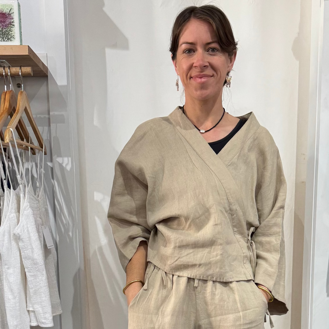 linen set in wrap shirt and wide leg linen pant in latte at jade and may