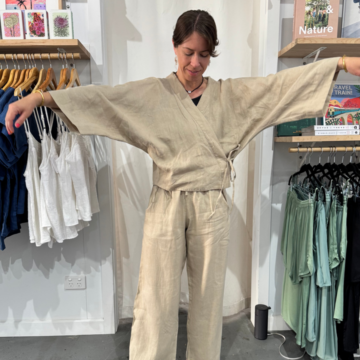 latte linen wrap shirt and linen pant set at jade and may