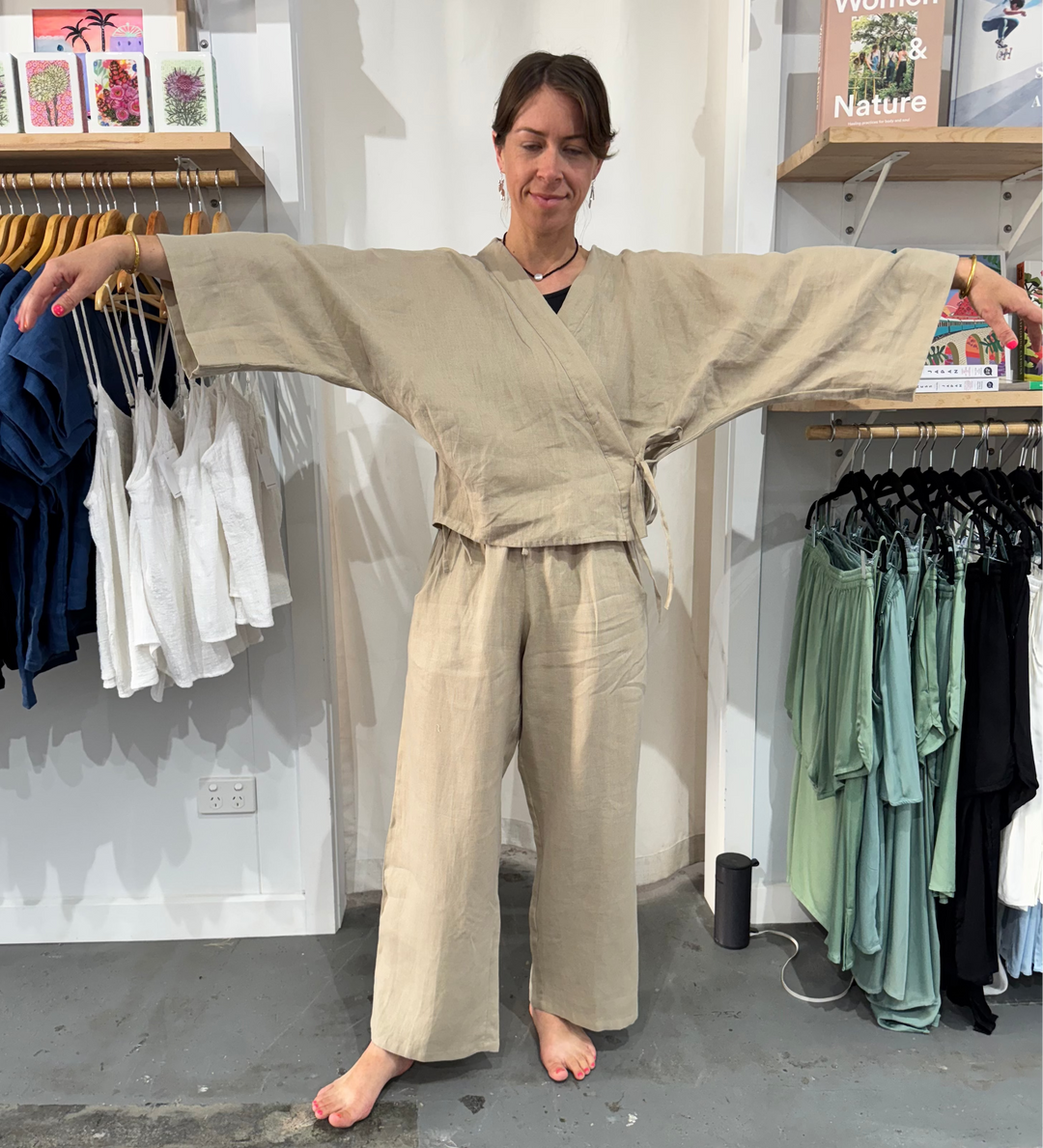 linen wrap shirt worn with wide leg linen pant in same colour at jade and may