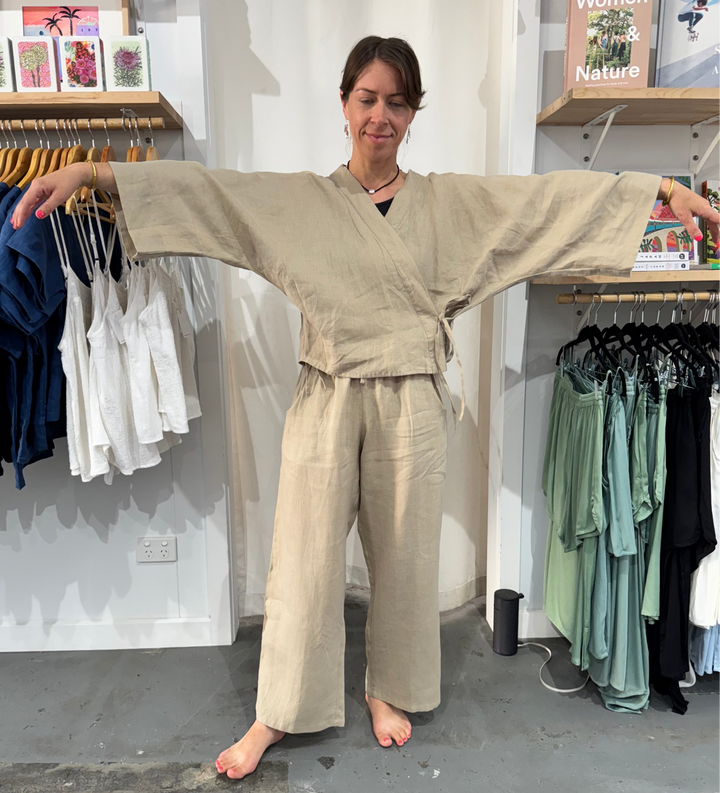 linen wrap shirt worn with wide leg linen pant in same colour at jade and may