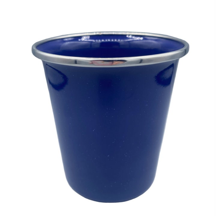 Blue cup with silver rim on a gray background