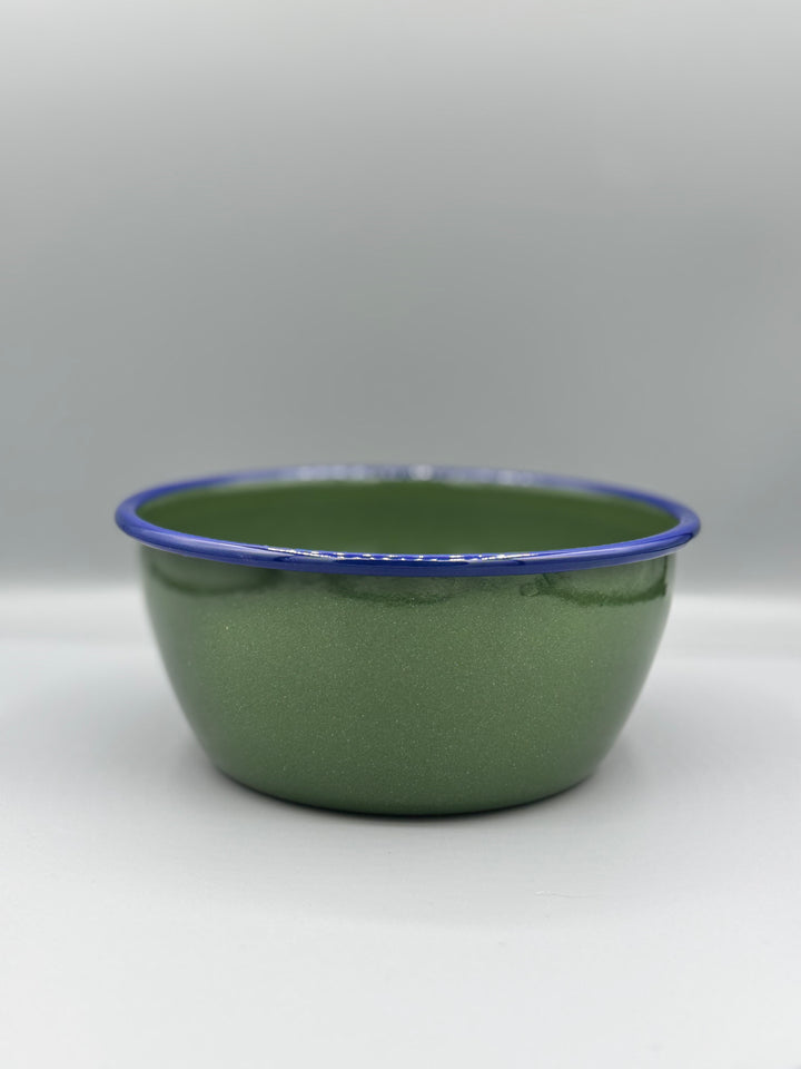 Green bowl with a blue rim on a gray background