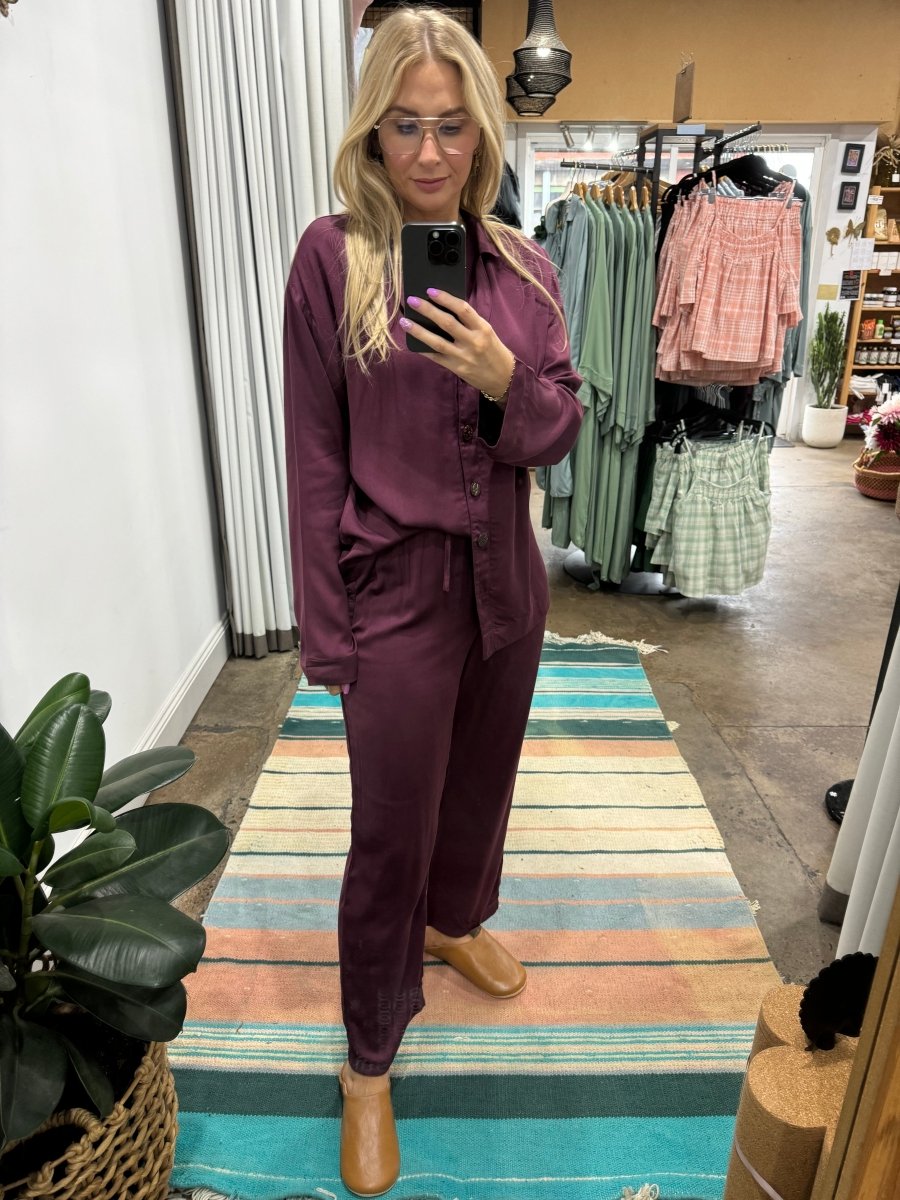 Bamboo Pyjama Set in Burgundy worn in store at Jade and May