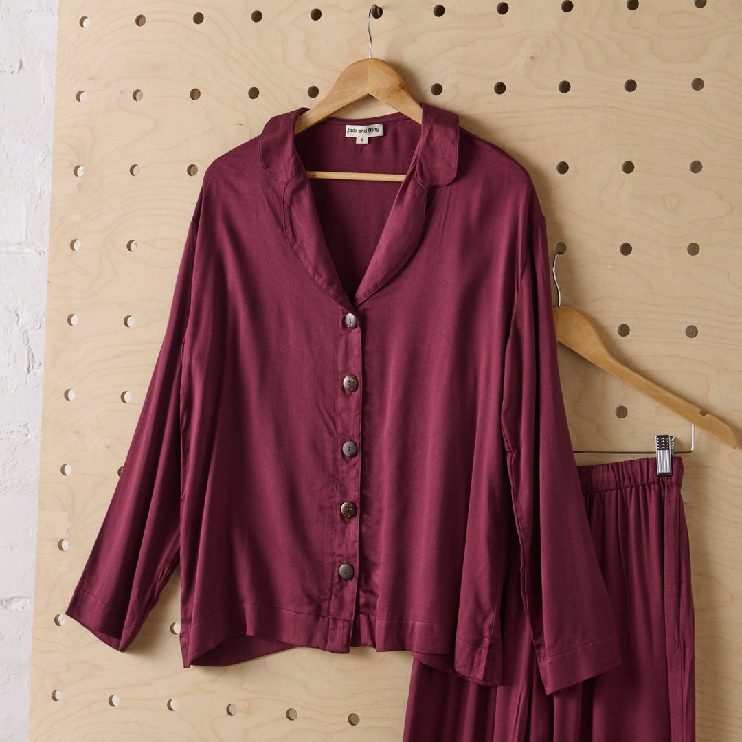 Bamboo Pyjama button up top in Burgundy Jade and May