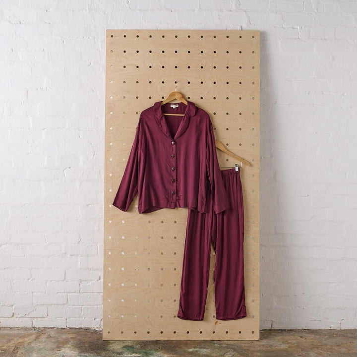 Bamboo Pyjama Set in Burgundy with long sleeve and long pants at Jade and May