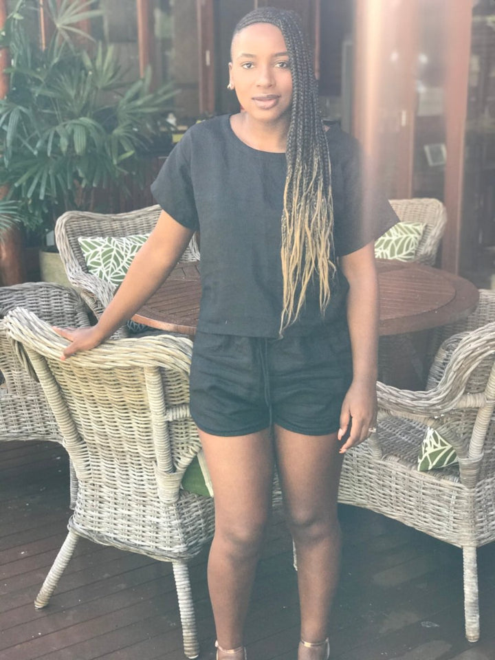 Black T-Shirt and Short Linen Lounge Set - Lounge Wear