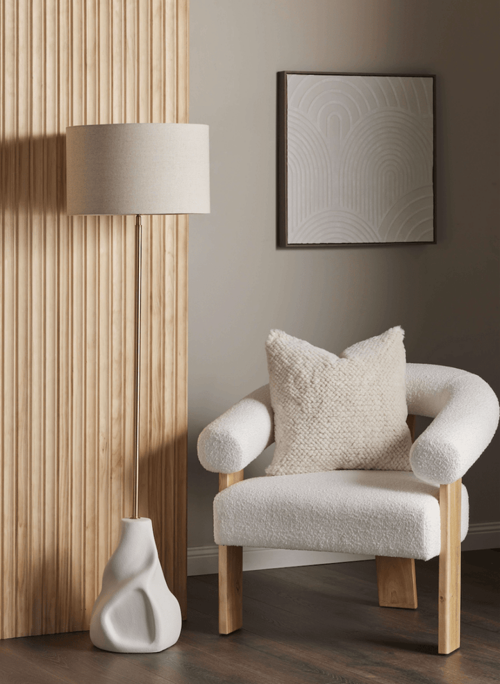 Boucle and Wood Curved Armchair - Armchair