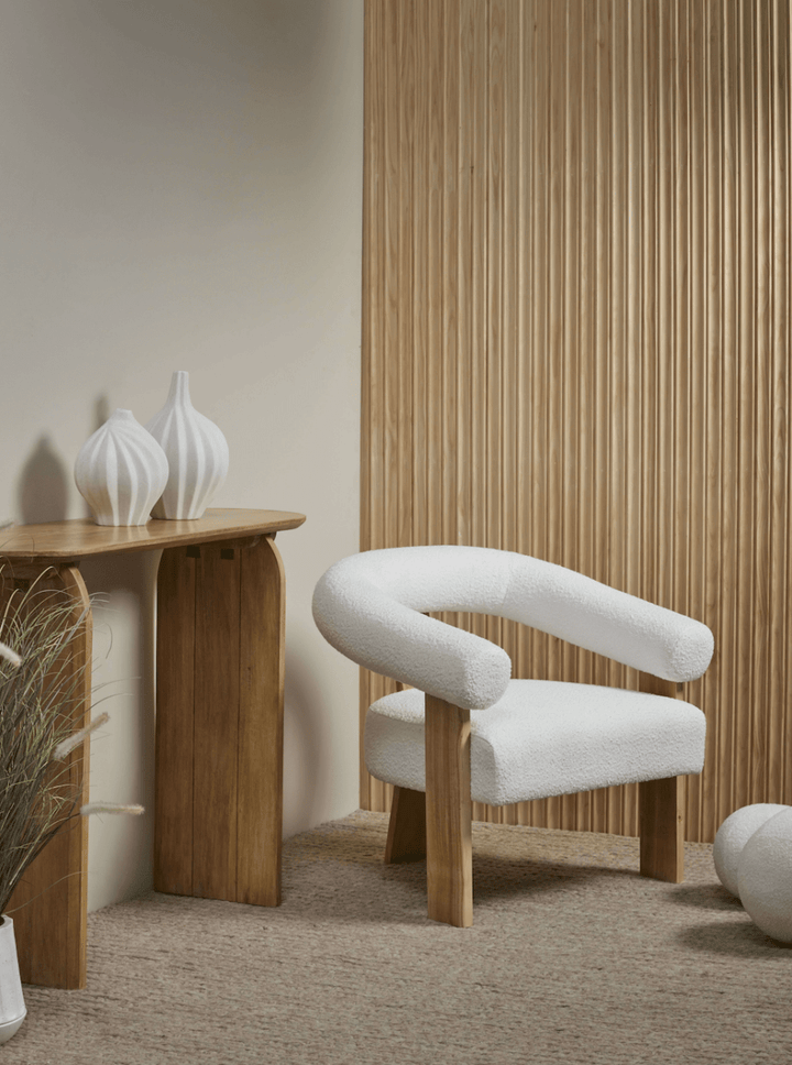 Boucle and Wood Curved Armchair - Armchair