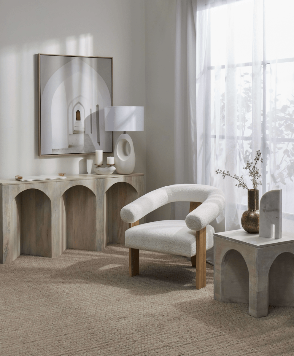 Boucle and Wood Curved Armchair - Armchair