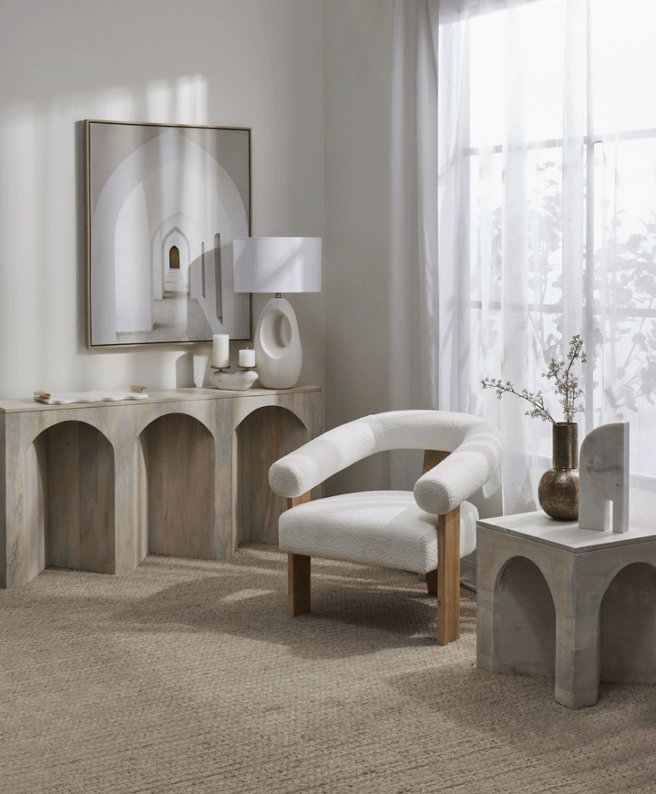 Boucle and Wood Curved Armchair - Armchair