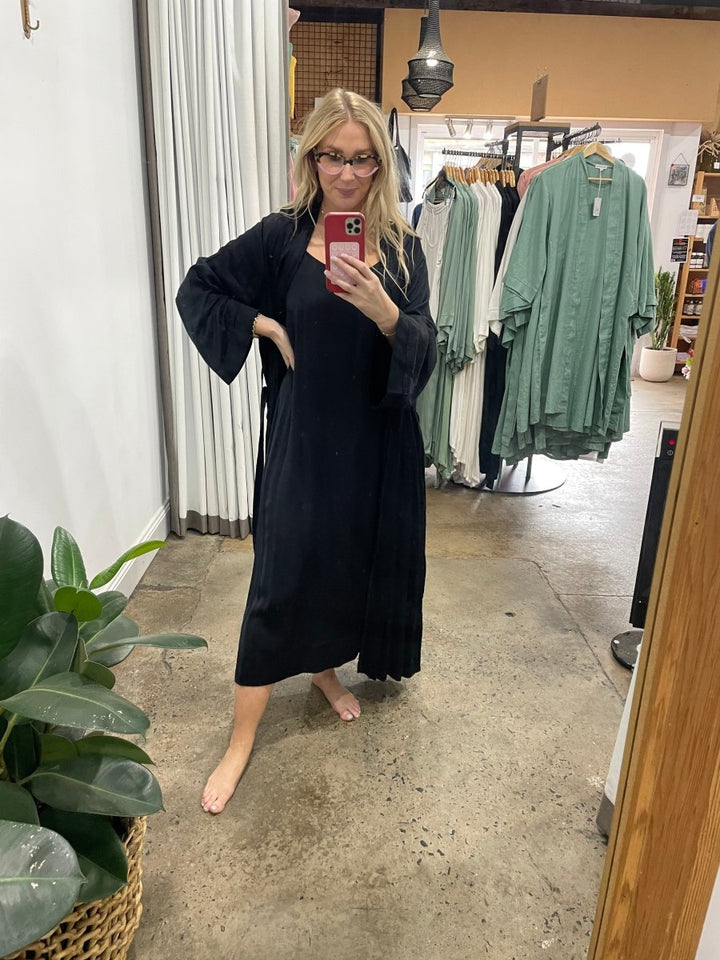 Bamboo Sleepwear Bundle - Black Bamboo Bathrobe in Long Length & Slip - Bundles