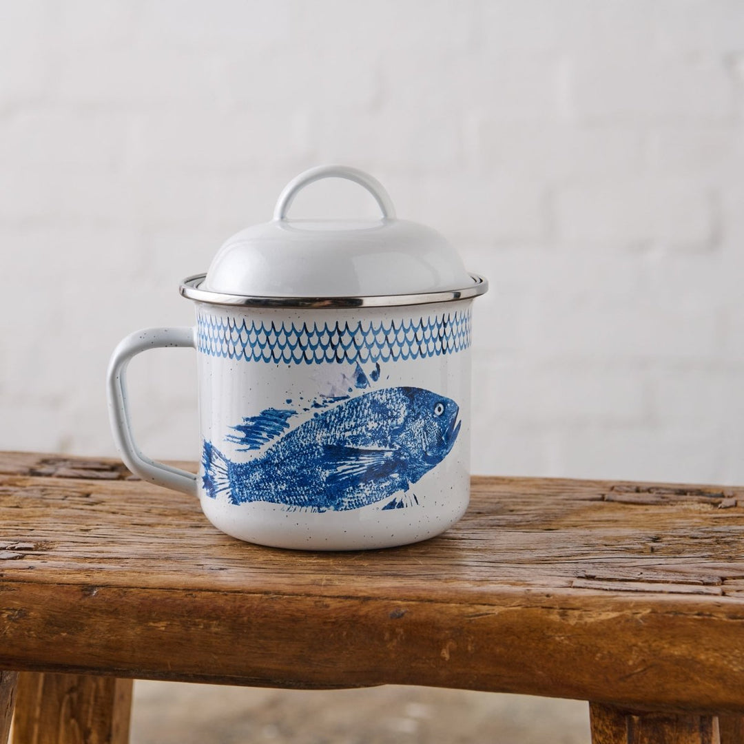 Enamel Soup Mugs with Lid - Blue Fish - Enamel