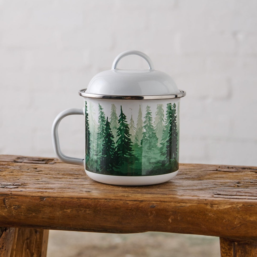 Enamel Soup Mugs with Lid in Mountain Pines - Enamel