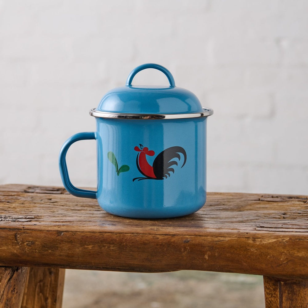 Enamel Soup Mugs with Lid - Rooster - Enamel