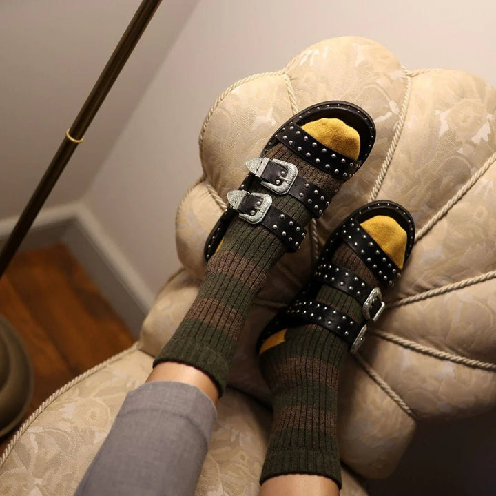 Klue Merino Wool Socks - Khaki & Brown Stripes - Socks