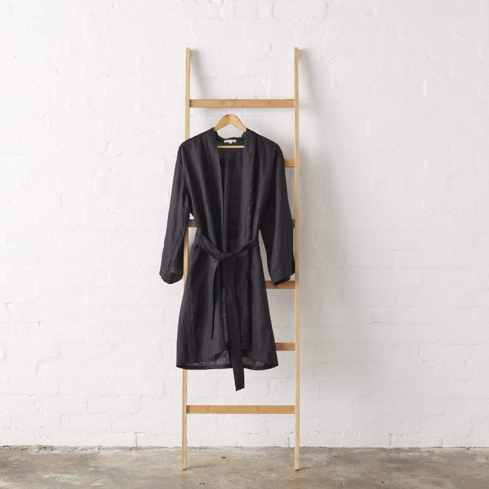 Linen Bathrobe - 'Senorita' - Jade and May x Hooray Hoop - black linen bathrobe front view