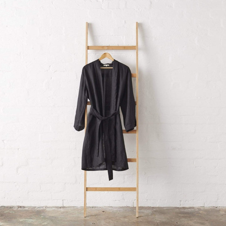Linen Bathrobe - 'Senorita' - Jade and May x Hooray Hoop - black linen bathrobe front view