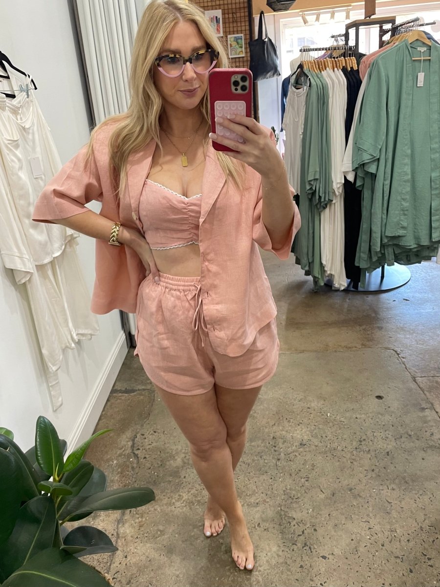 Linen Button Up and Short PJ Set in Pink - Pyjamas