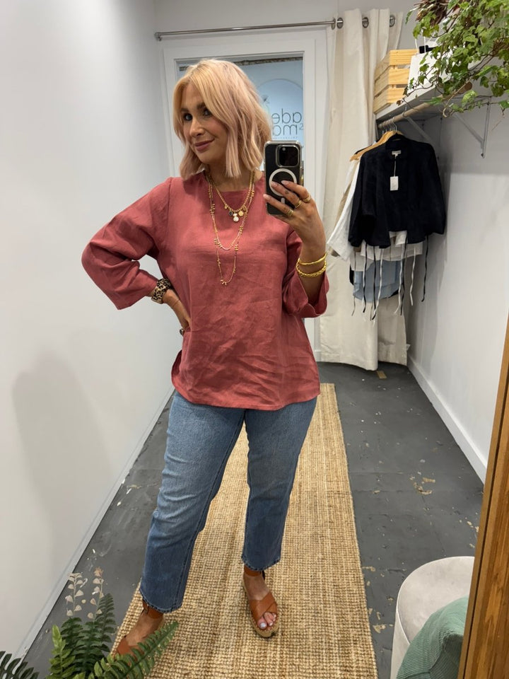 Linen Long Sleeve Top in Antique Red - Separates