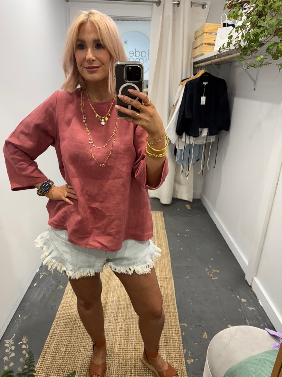 Linen Long Sleeve Top in Antique Red - Jade and May Separates - lifestyle image paired with shorts