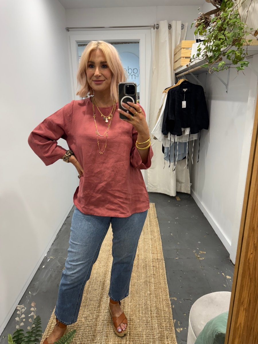 Linen Long Sleeve Top in Antique Red shown with jeans at Jade and May - Separates