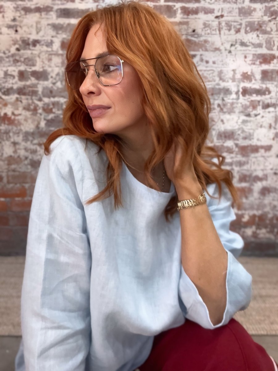 Linen Long Sleeve Top in Baby Blue - Separates