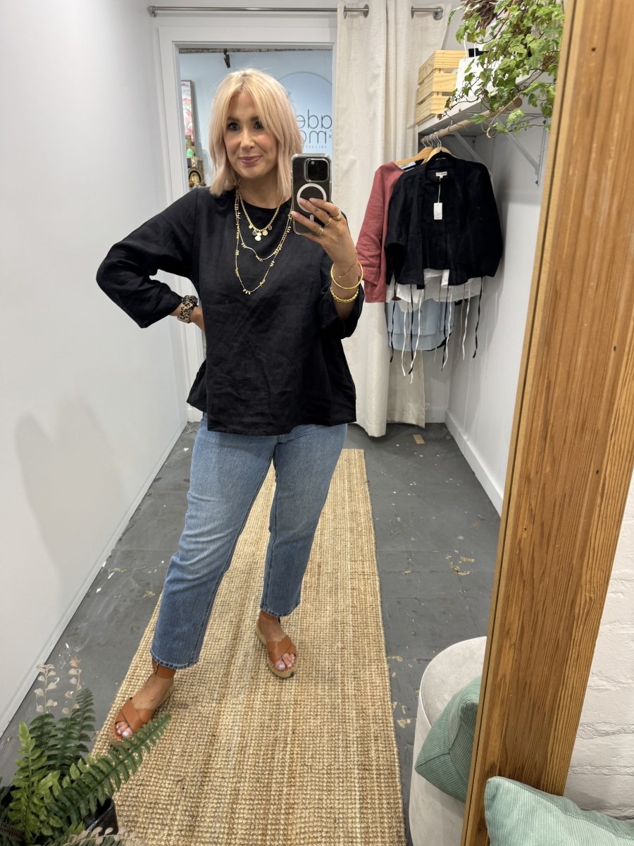 Linen Long Sleeve Top in Black - Apparel