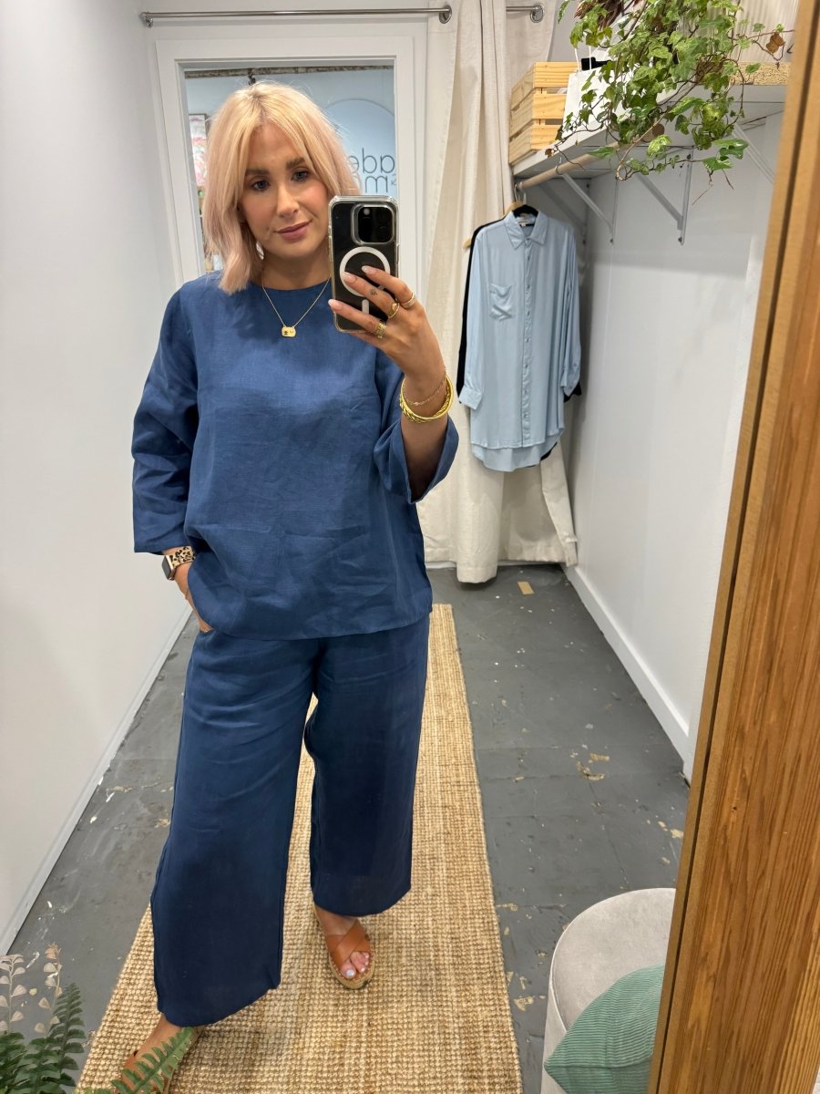 Linen Long Sleeve Top in Navy - Separates