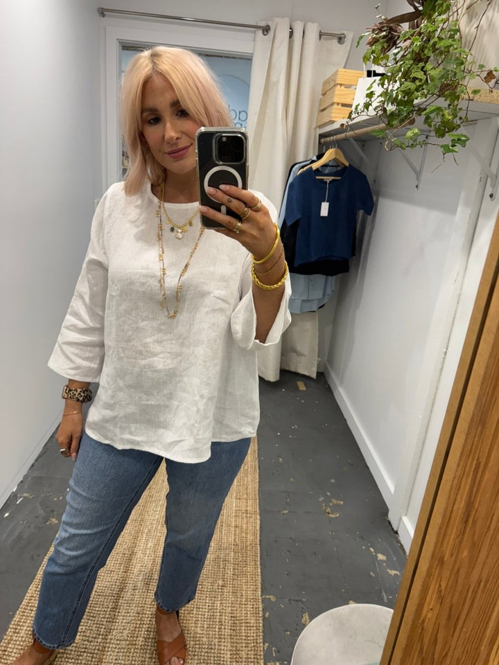 Linen Long Sleeve Top in White - Separates