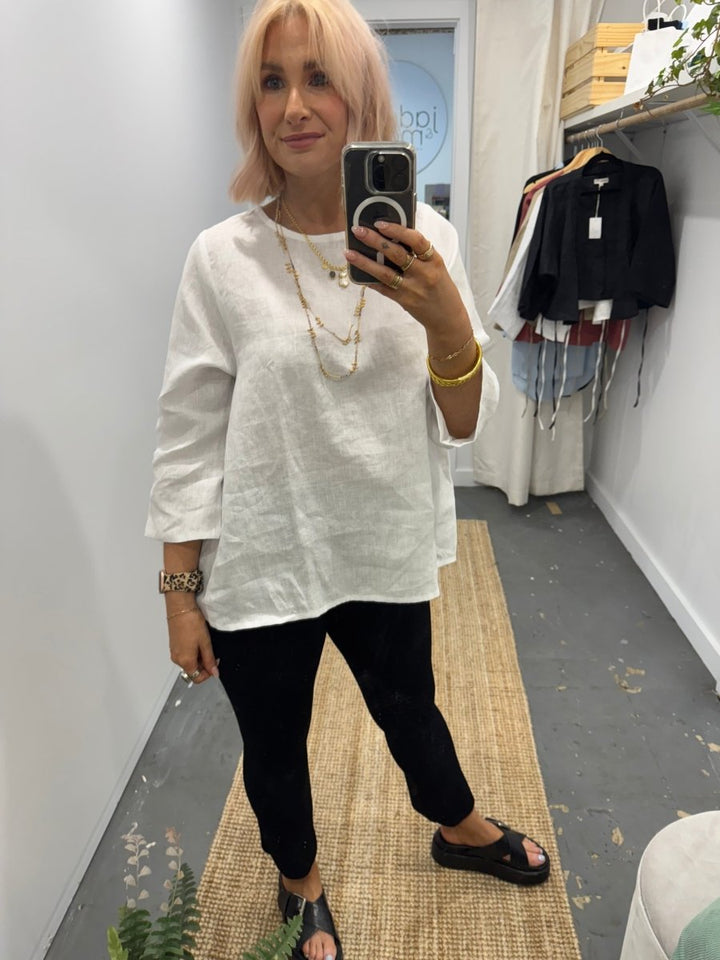Linen Long Sleeve Top in White - Separates
