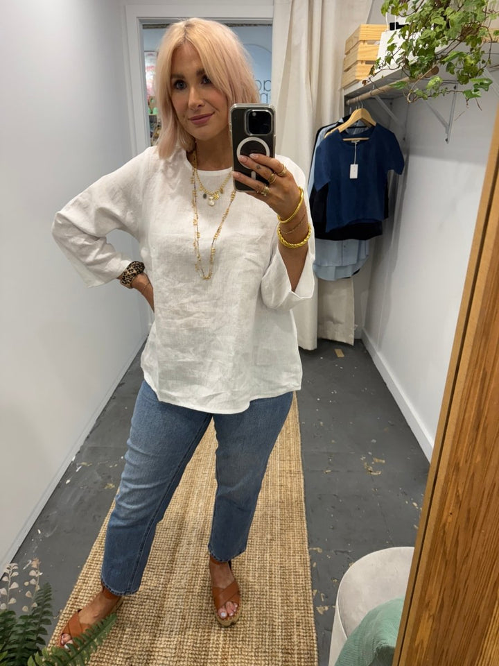 Linen Long Sleeve Top in White - Separates
