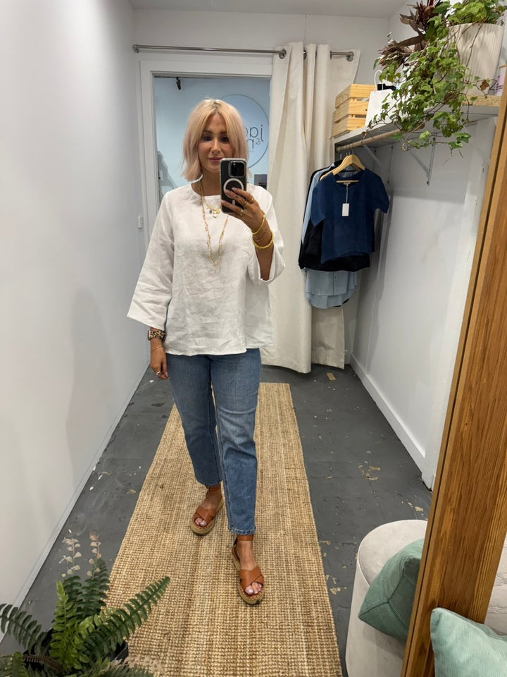Linen Long Sleeve Top in White - Separates