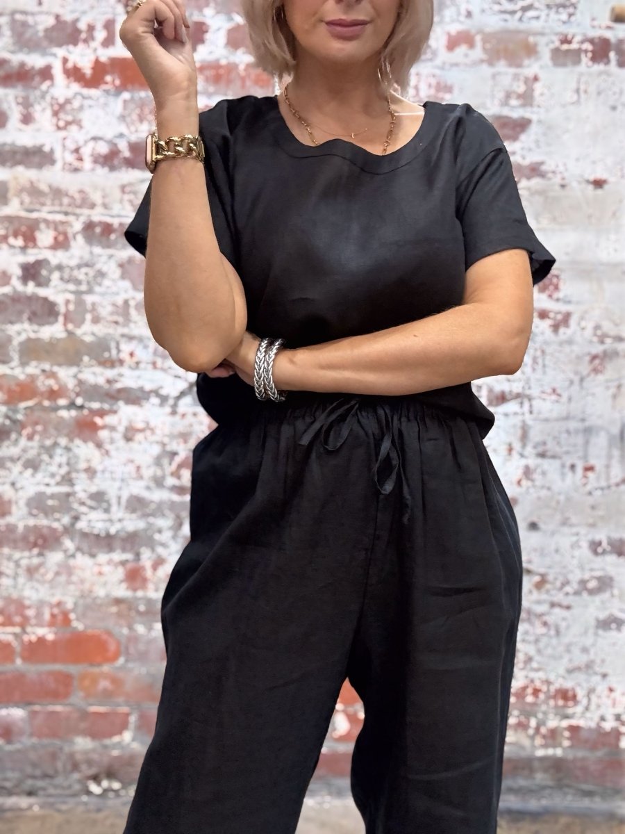 Linen Tee & Pant Set in Black - Pyjamas