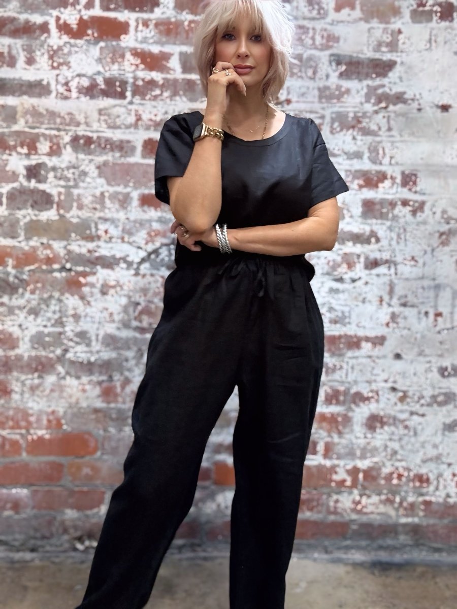 Linen Tee & Pant Set in Black - Pyjamas