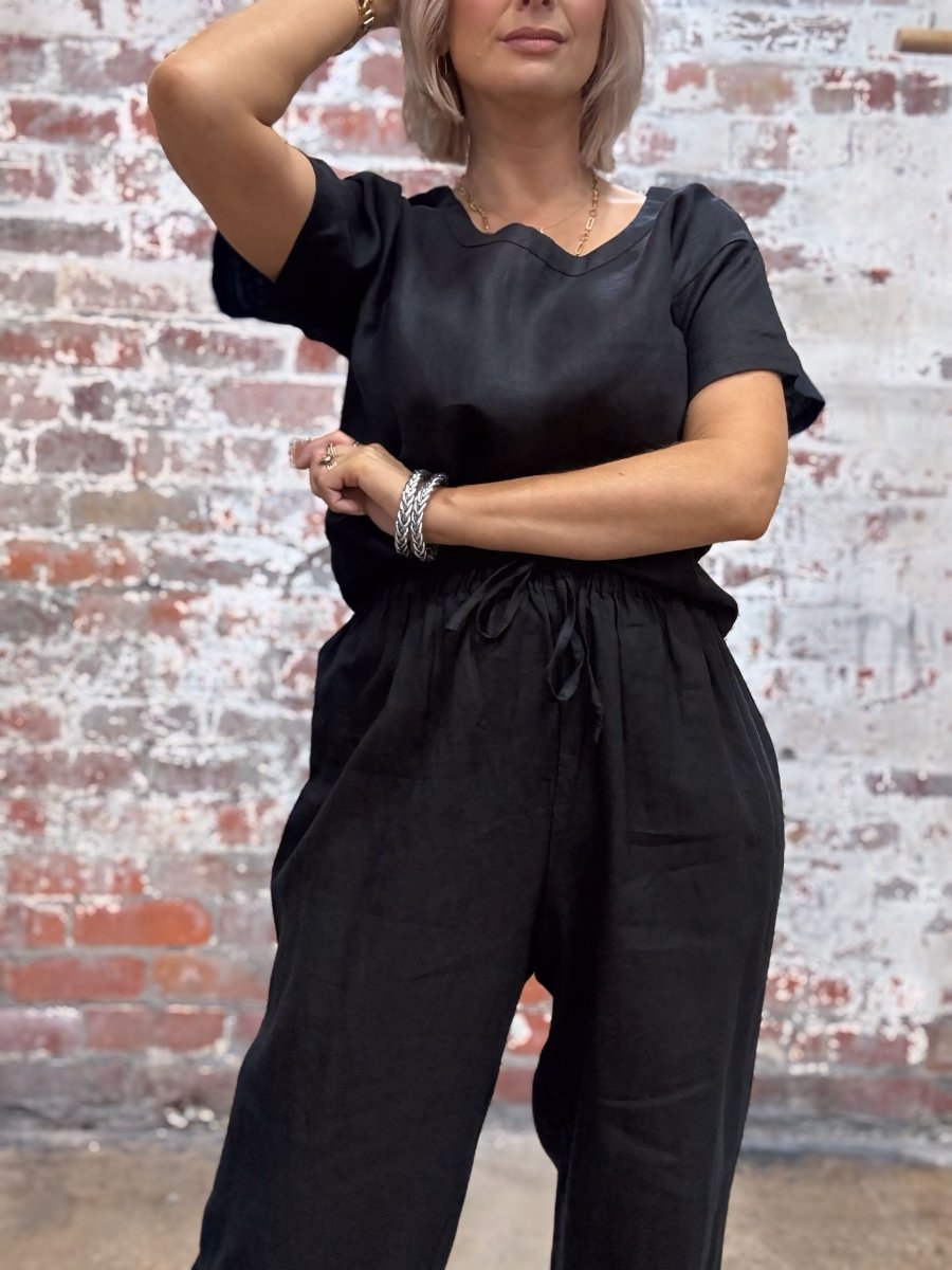 Linen Tee & Pant Set in Black - Pyjamas