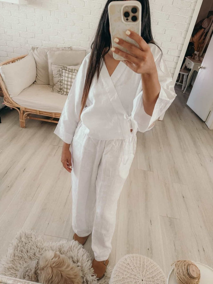 Linen Wrap Shirt in White - Apparel