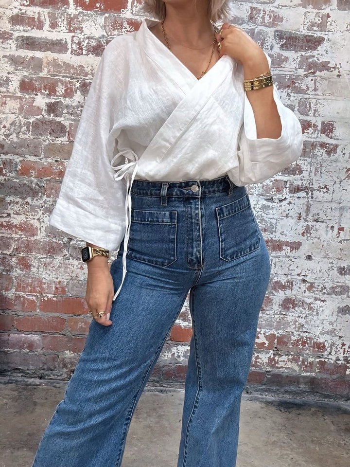Linen Wrap Shirt in White - Apparel
