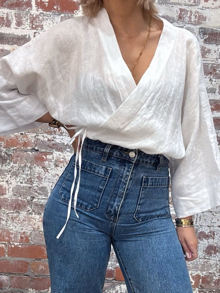 Linen Wrap Shirt in White - Apparel