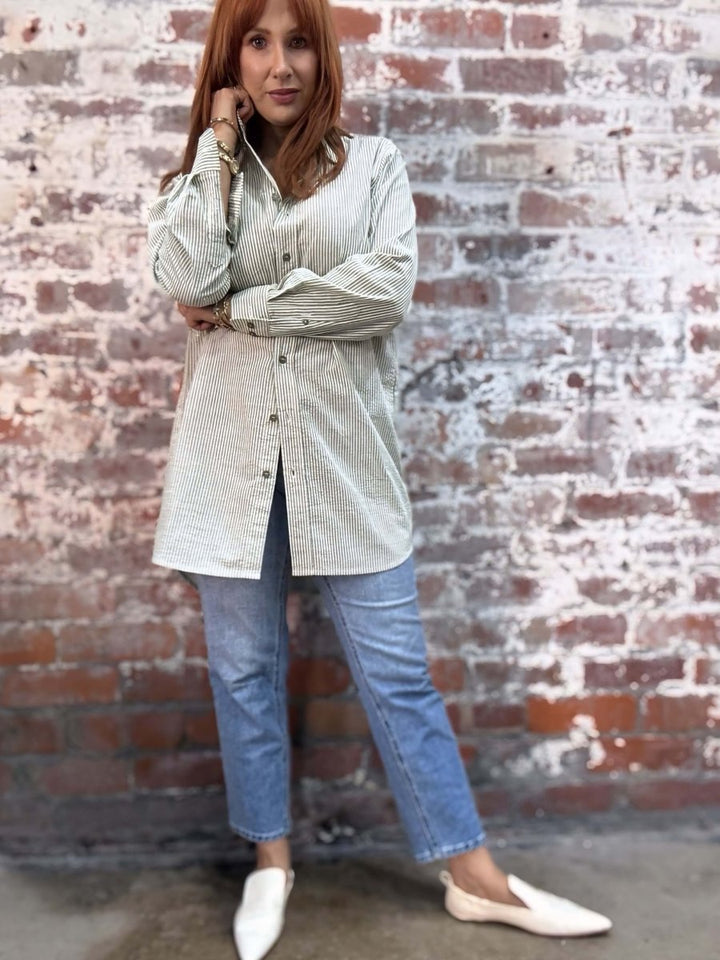 Long Cotton Shirt in Olive Stripe PRE ORDER -