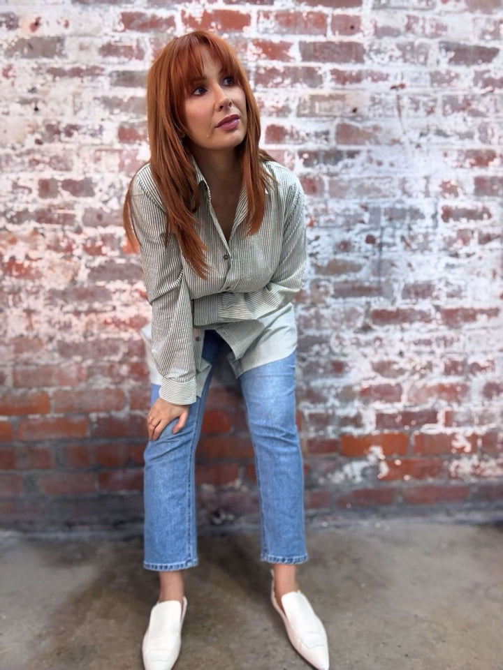 Long Cotton Shirt in Olive Stripe PRE ORDER -