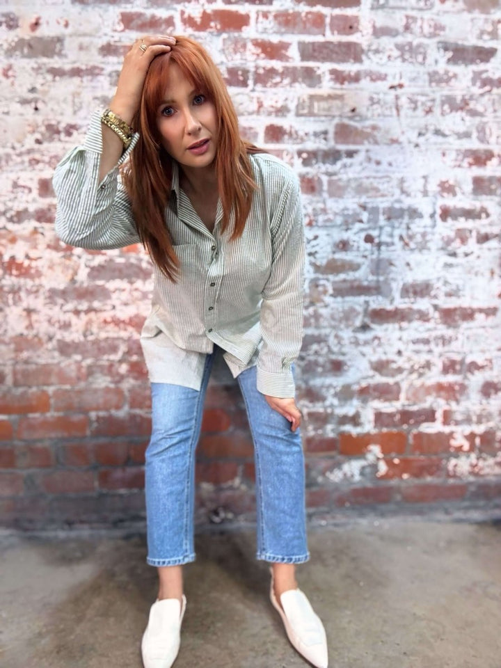 Long Cotton Shirt in Olive Stripe PRE ORDER -