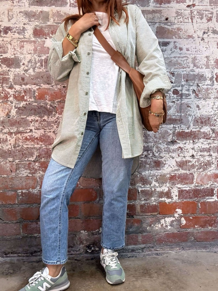 Long Cotton Shirt in Olive Stripe PRE ORDER -