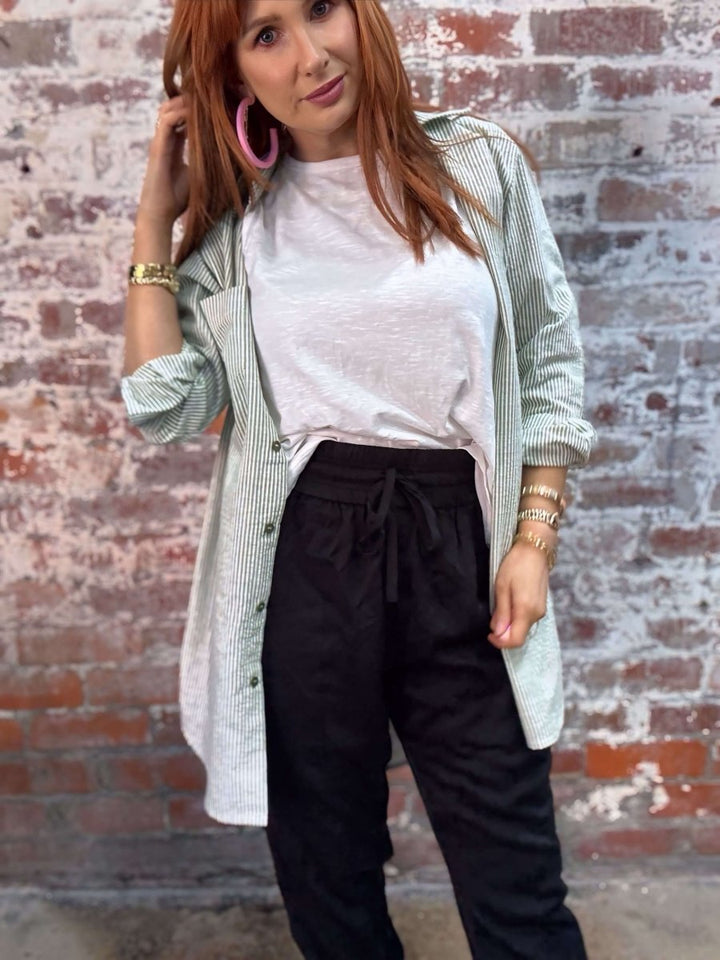 Long Cotton Shirt in Olive Stripe PRE ORDER -