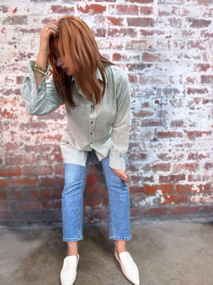 Long Cotton Shirt in Olive Stripe PRE ORDER -