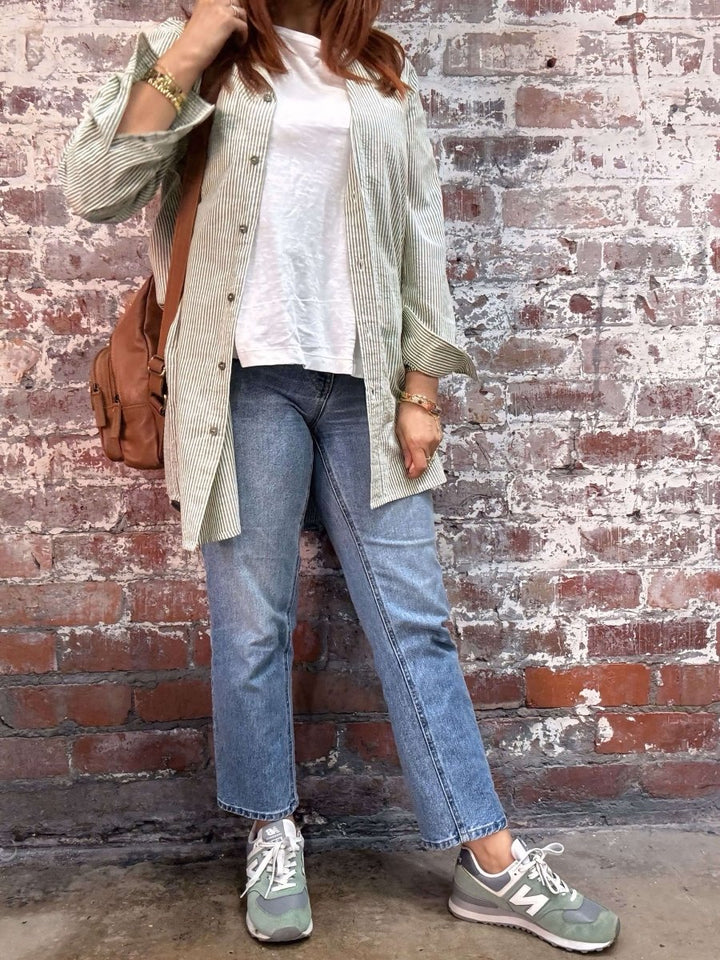 Long Cotton Shirt in Olive Stripe PRE ORDER -