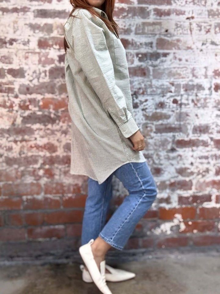 Long Cotton Shirt in Olive Stripe PRE ORDER -