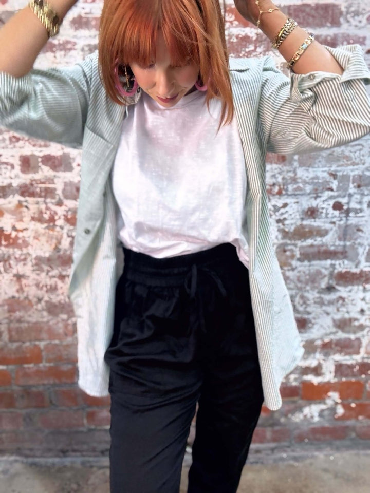 Long Cotton Shirt in Olive Stripe PRE ORDER -